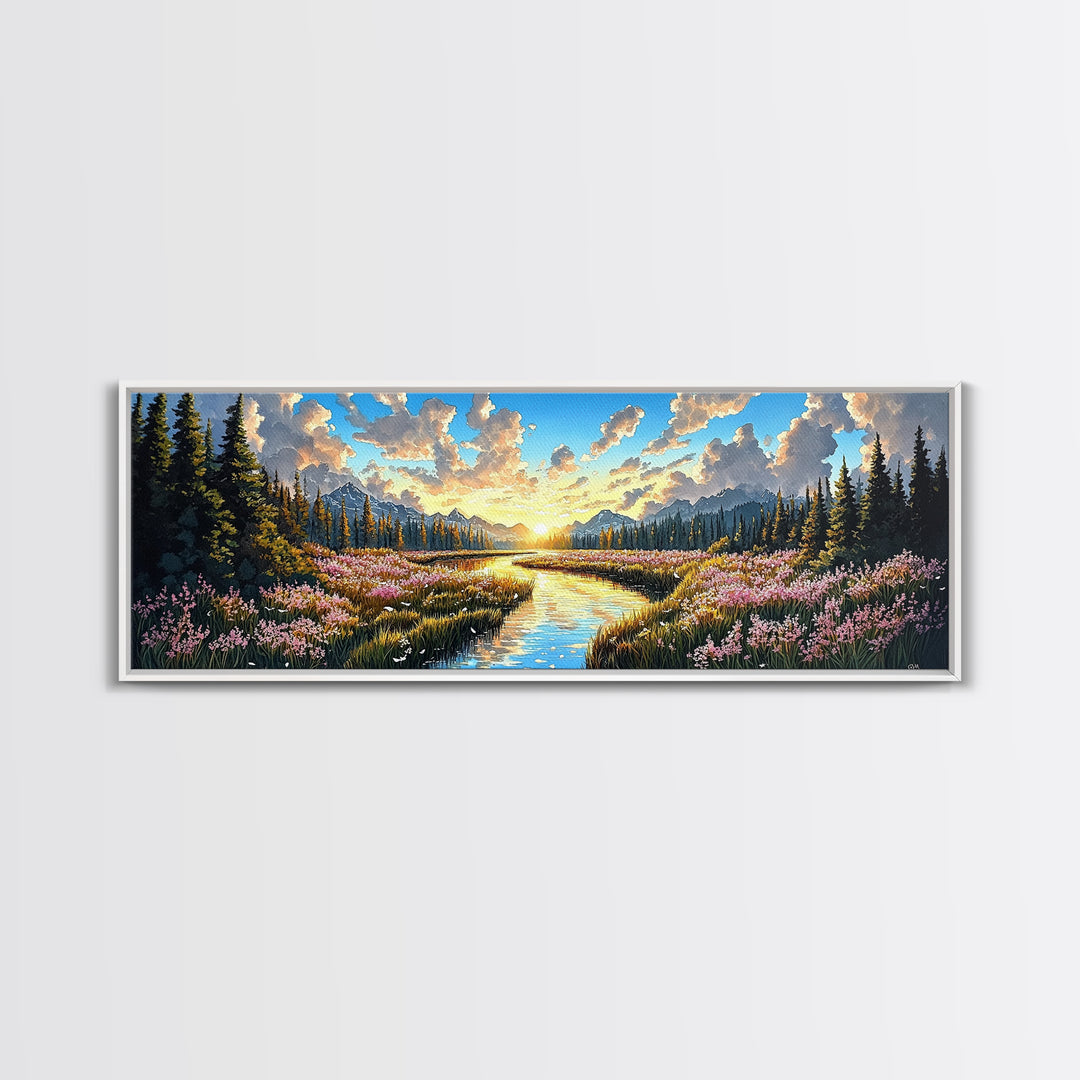 Alpine Mountain Meadow Creek Wall Art, Sunrise Wildflower Landscape Canvas Print, Cabin Decor, Living Room Wall Decor, Nature Art