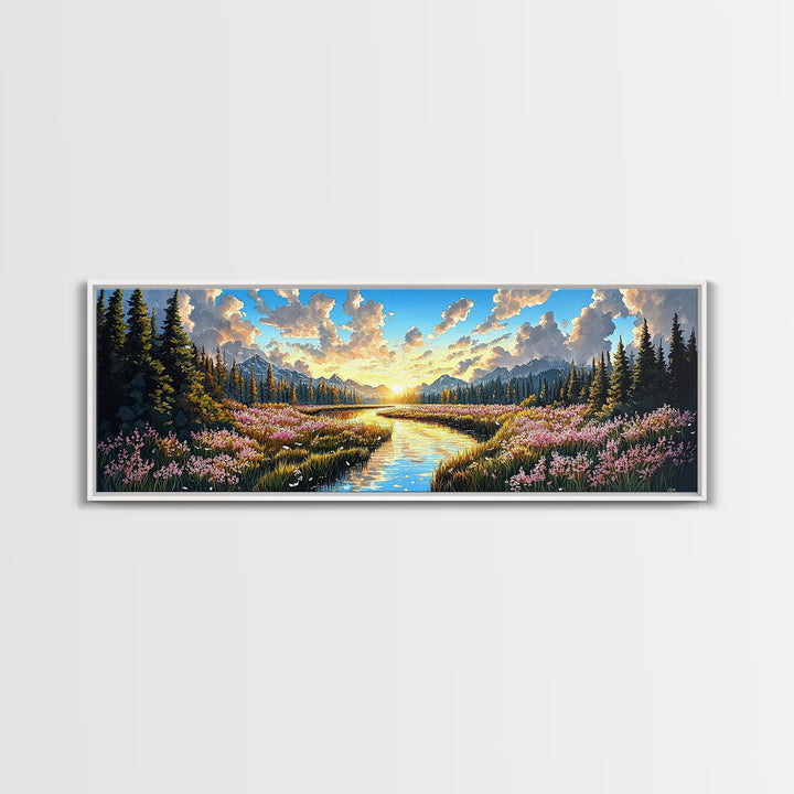 Alpine Mountain Meadow Creek Wall Art, Sunrise Wildflower Landscape Canvas Print, Cabin Decor, Living Room Wall Decor, Nature Art
