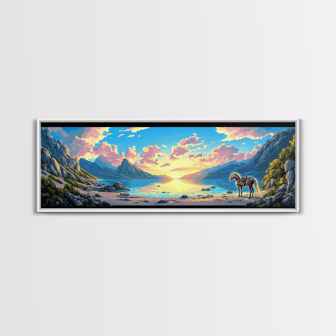 Pastel Mountain Cove With Zebra Wall Art, Fantasy Coastal Landscape Canvas Print, Surreal Beach Decor, Colorful Nature Art