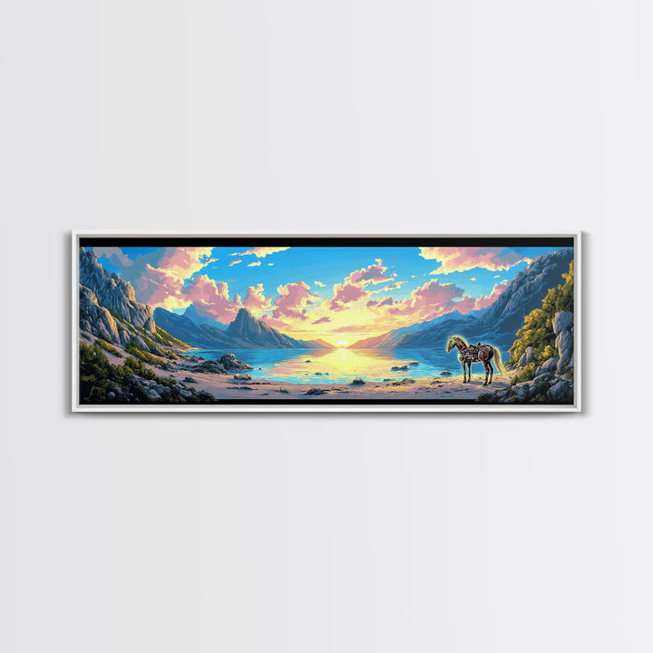 Pastel Mountain Cove With Zebra Wall Art, Fantasy Coastal Landscape Canvas Print, Surreal Beach Decor, Colorful Nature Art