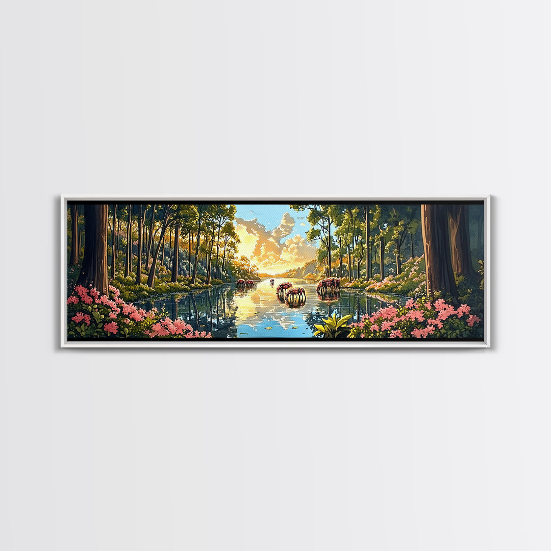 Sunlit Forest River With Wild Horses Wall Art, Panoramic Canvas Print, Nature Landscape, Living Room Decor, Housewarming Gift