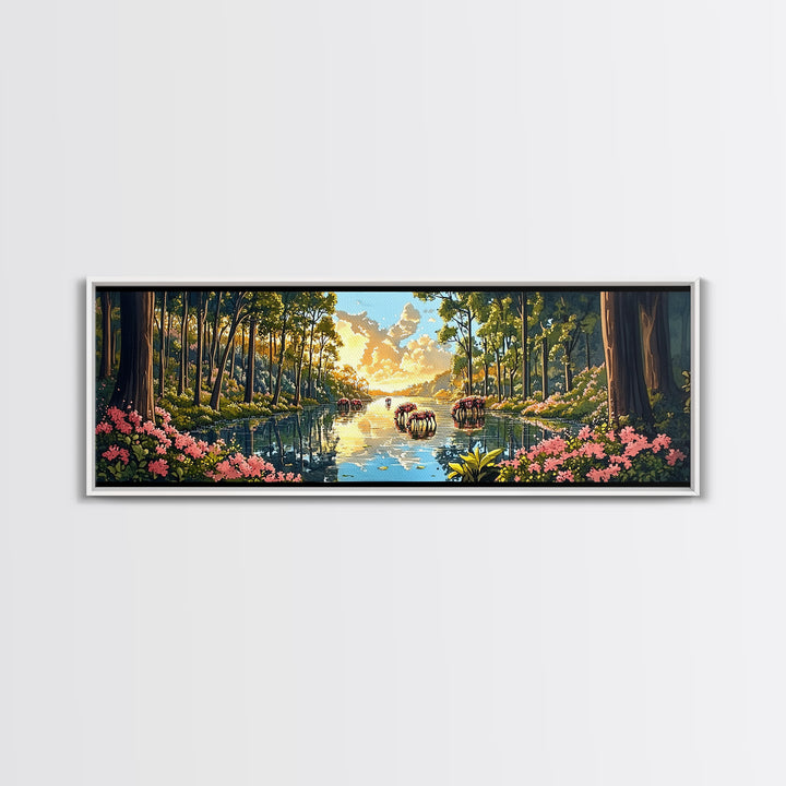 Sunlit Forest River With Wild Horses Wall Art, Panoramic Canvas Print, Nature Landscape, Living Room Decor, Housewarming Gift