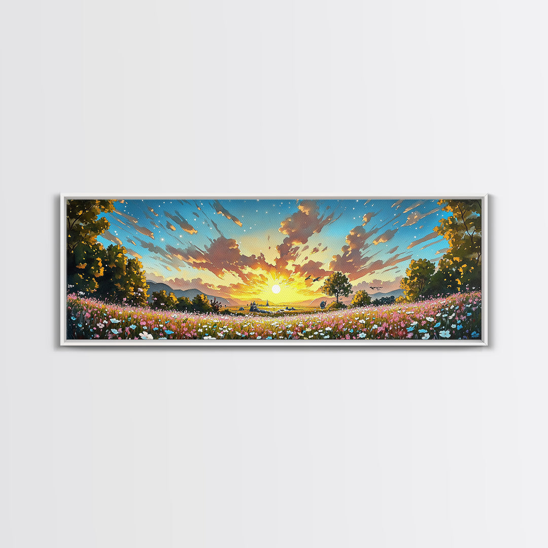 Golden Sunrise Wildflower Meadow Wall Art, Wide Horizontal Canvas Print, Landscape Art, Above Sofa Decor, Modern Home Decor