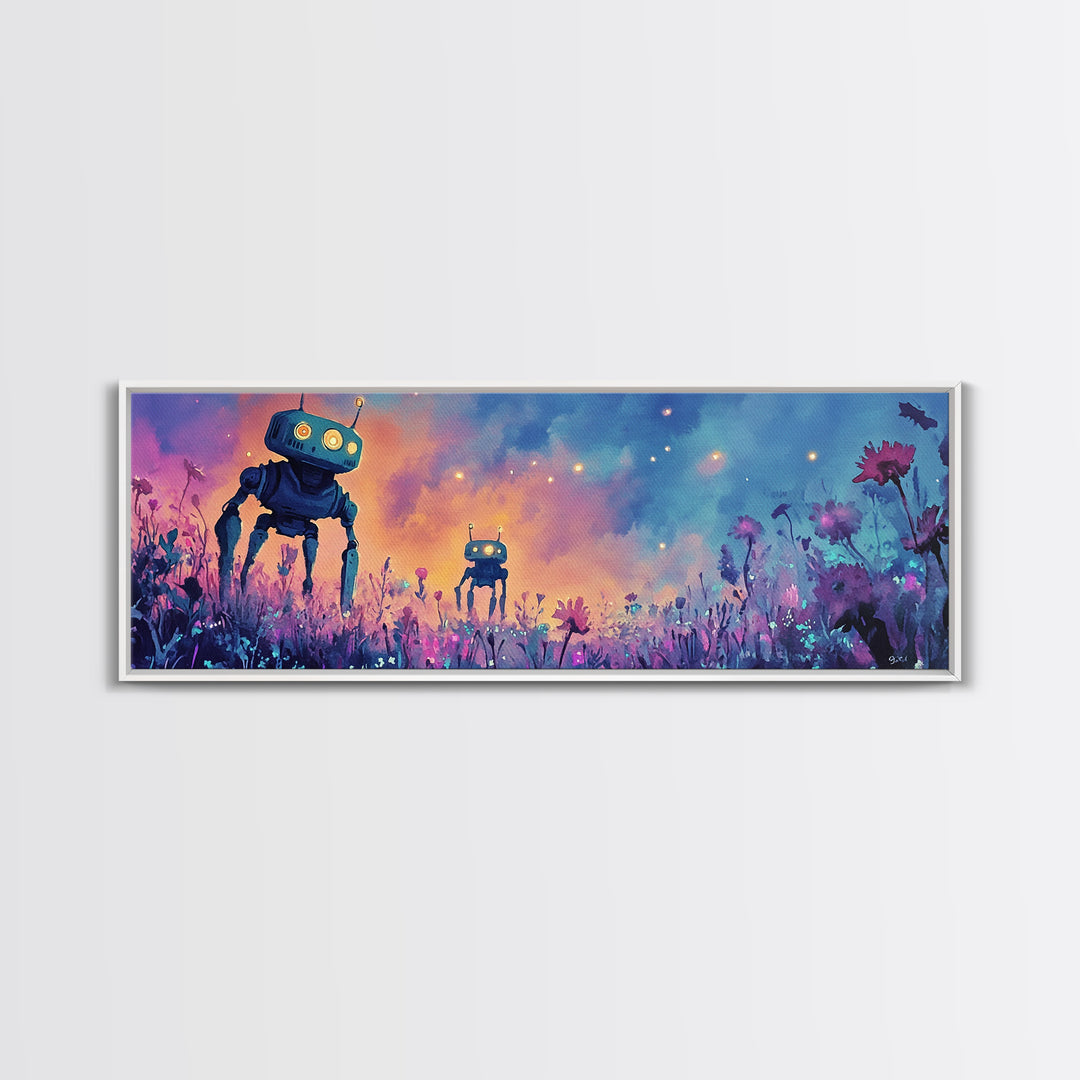 Cute Robots In Pastel Wildflower Field Wall Art, Whimsical Canvas Print, Sci Fi Decor, Kids Room Art, Unique Gift, Nursery Decor
