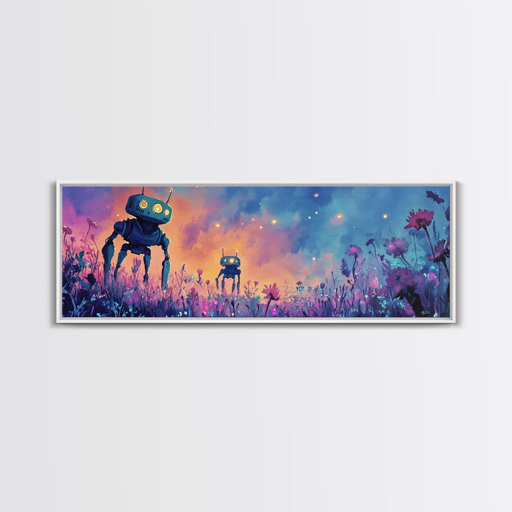Cute Robots In Pastel Wildflower Field Wall Art, Whimsical Canvas Print, Sci Fi Decor, Kids Room Art, Unique Gift, Nursery Decor