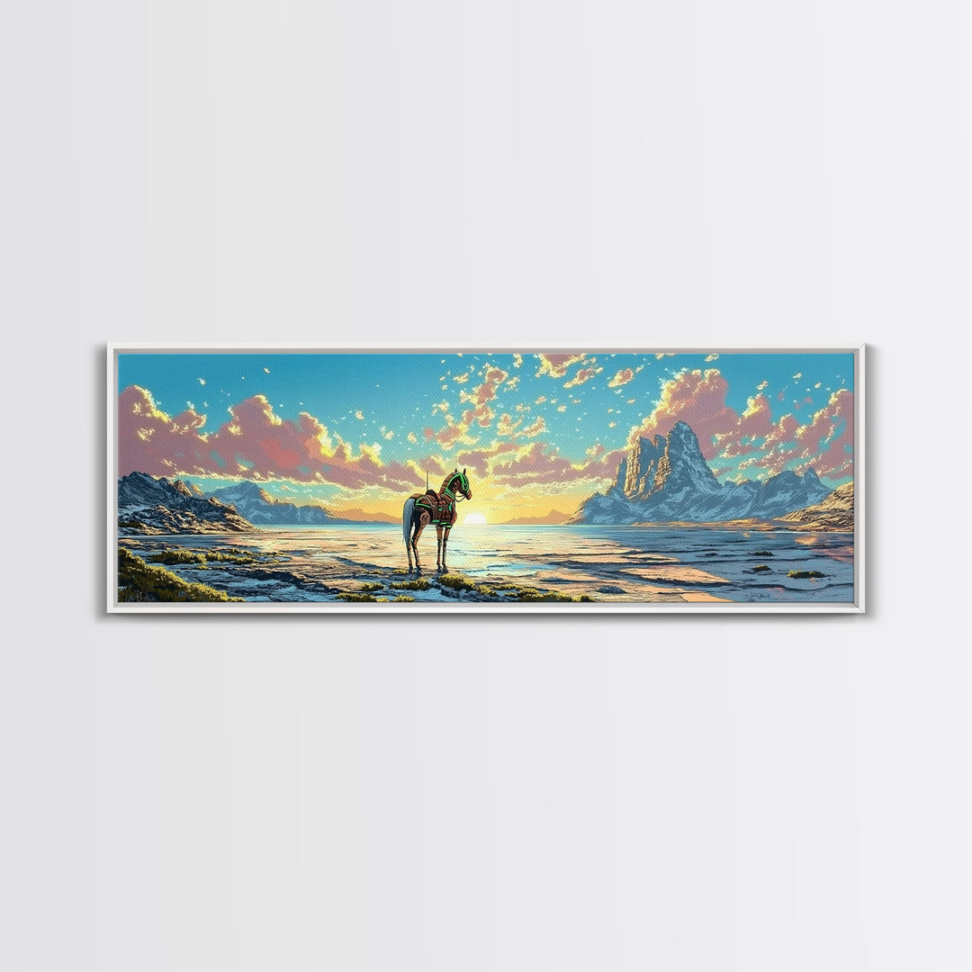 Solitary Horse At Alpine Sunrise Canvas Print, Panoramic Mountain Lake Wall Art, Western Decor, Living Room Decor, Home Decor