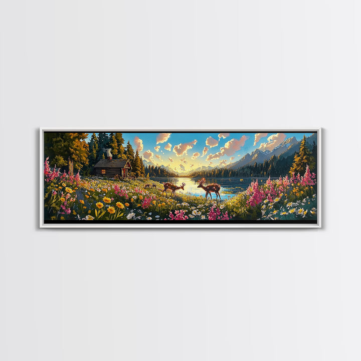 Rustic Cabin With Deer And Wildflowers Framed Canvas Print, Mountain Lake Wall Art, Farmhouse Decor, Housewarming Gift, Living Room Decor