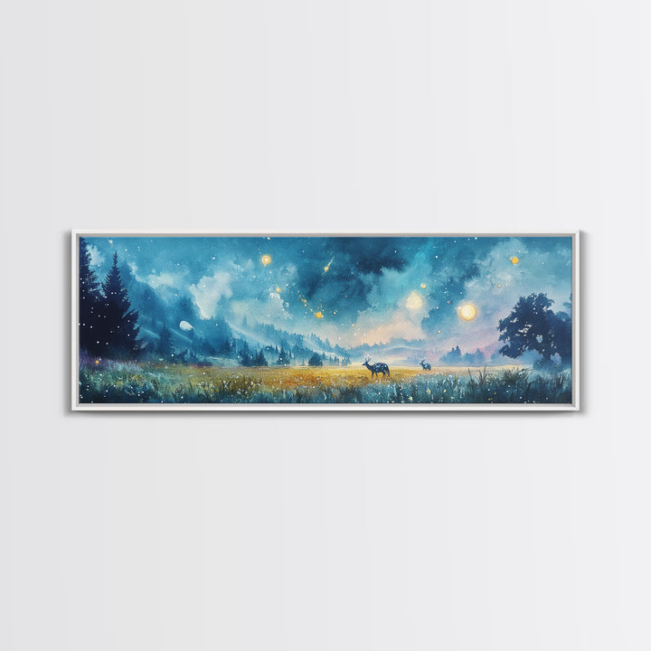 Moonlit Blue Meadow With Deer And Fireflies Wall Art, Dreamy Landscape Canvas Print, Celestial Decor, Calming Bedroom Decor
