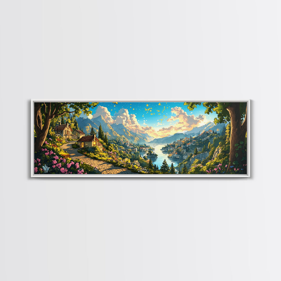 Sunlit Lakeside Village And Mountain Garden Canvas Print, Italian Landscape Wall Art, Travel Poster, Elegant Home Decor, Fine Art Print