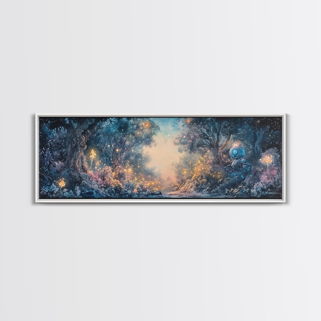 Enchanted Blue Forest With Glowing Fireflies Wall Art, Fantasy Landscape Canvas Print, Magical Woodland Living Room Decor