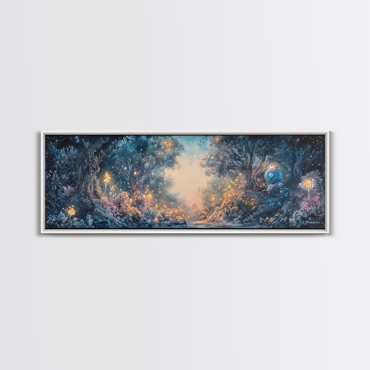 Enchanted Blue Forest With Glowing Fireflies Wall Art, Fantasy Landscape Canvas Print, Magical Woodland Living Room Decor