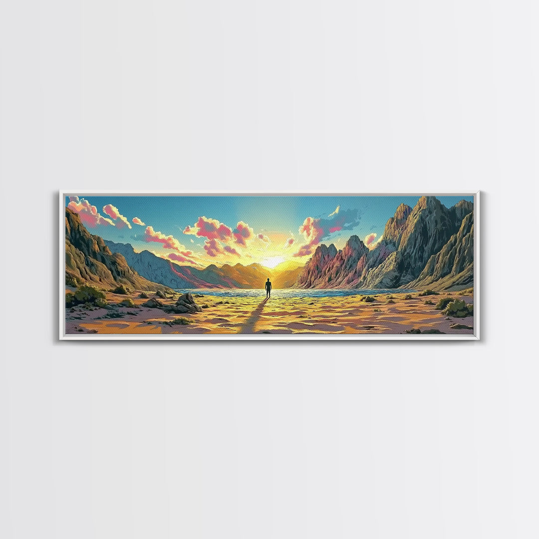 Radiant Mountain Sunrise Valley With Lone Wanderer Wall Art, Panoramic Landscape Canvas Print, Large Modern Living Room Decor