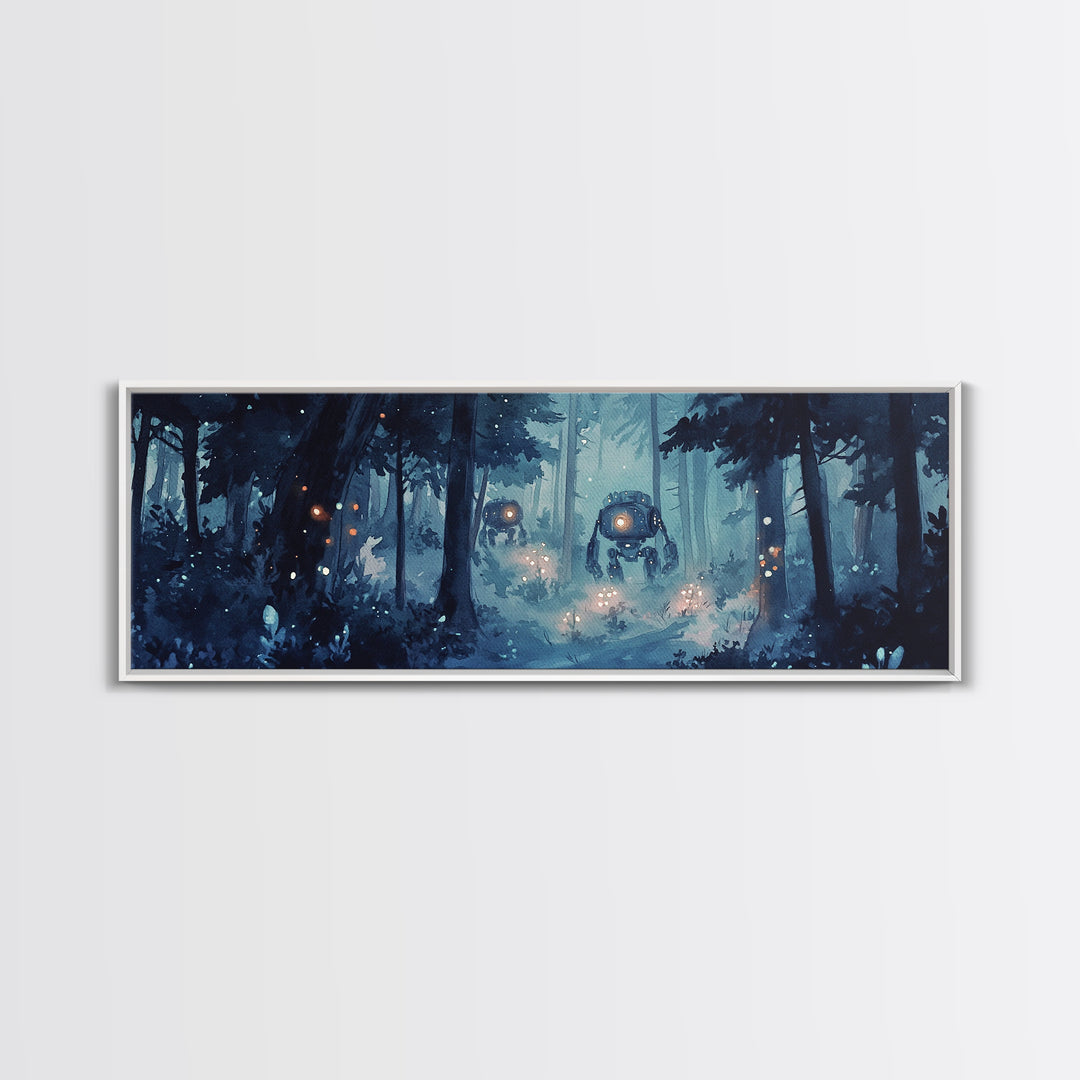 Misty Blue Forest Robots With Glowing Lantern Eyes Wall Art, Sci Fi Fantasy Canvas Print, Moody Woodland Home Office Decor