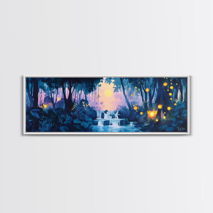 Moonlit Blue Jungle Waterfall With Glowing Fireflies Wall Art, Fantasy Watercolor Canvas Print, Whimsical Bathroom Decor