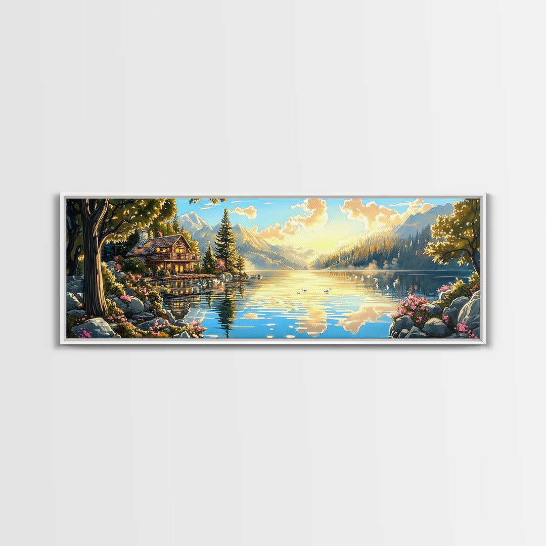 Alpine Lake Cabin With Mountain Reflections Wall Art, Panoramic Landscape Canvas Print, Rustic Lodge Home Living Room Decor
