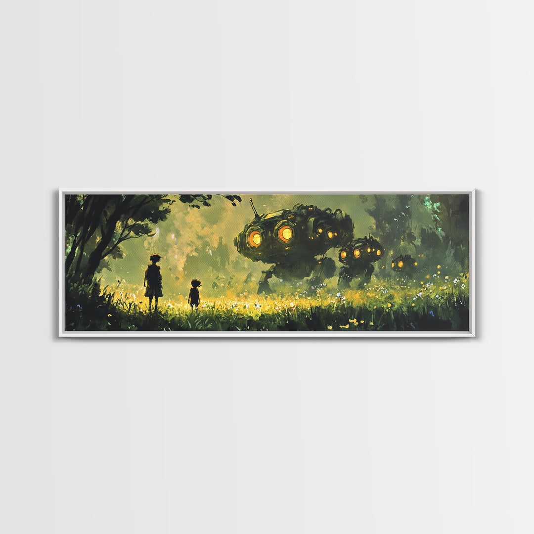 Children In Glowing Meadow Watching Flying Robots Wall Art, Sci Fi Fantasy Canvas Print, Whimsical Futuristic Home Decor