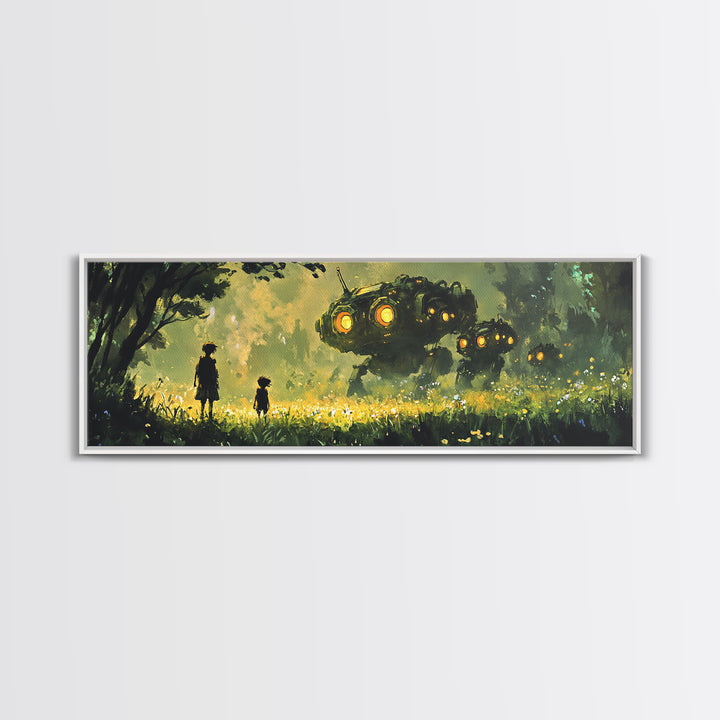 Children In Glowing Meadow Watching Flying Robots Wall Art, Sci Fi Fantasy Canvas Print, Whimsical Futuristic Home Decor