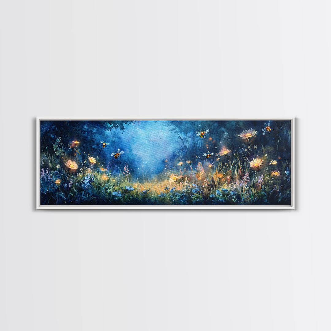 Glowing Firefly Wildflower Night Meadow Canvas Print, Whimsical Wall Art, Moody Botanical Art, Dark Blue Wall Decor, Bedroom Decor