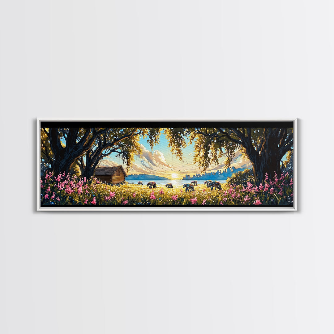 Rustic Lakeside Cabin Horse Meadow Framed Canvas Print, Country Wall Art, Farmhouse Decor, Landscape Wall Decor, Lake House Decor