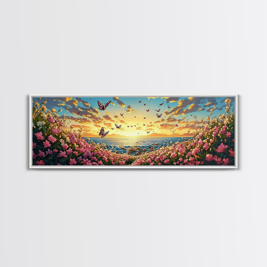 Butterfly Ocean Sunset Pink Flower Canvas Print, Coastal Wall Art, Romantic Bedroom Art, Beach House Decor, Gift For Her
