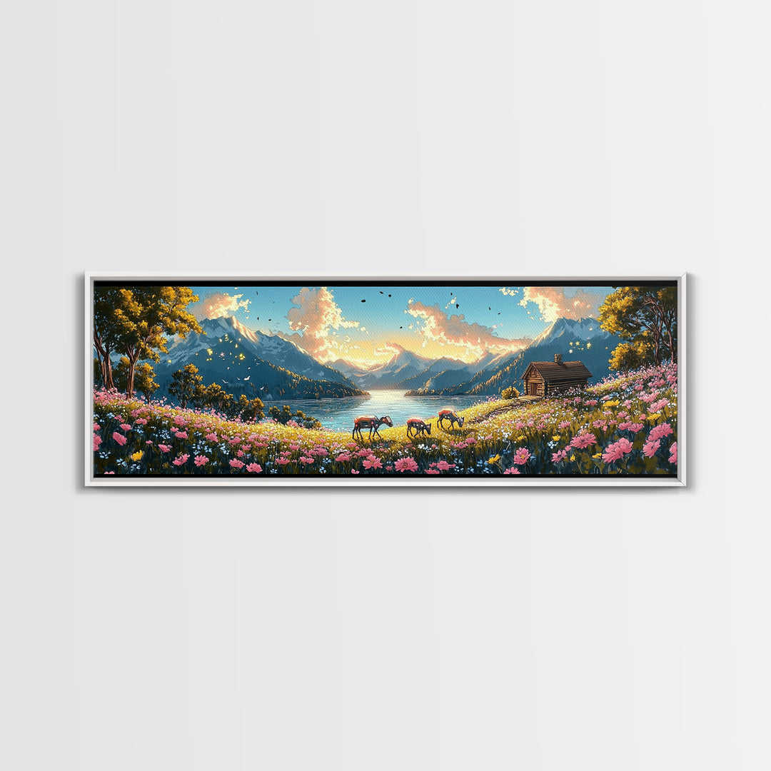 Alpine Lake With Horses And Flower Meadow Wall Art, Mountain Landscape Canvas Print, Rustic Cabin Decor, Living Room Art