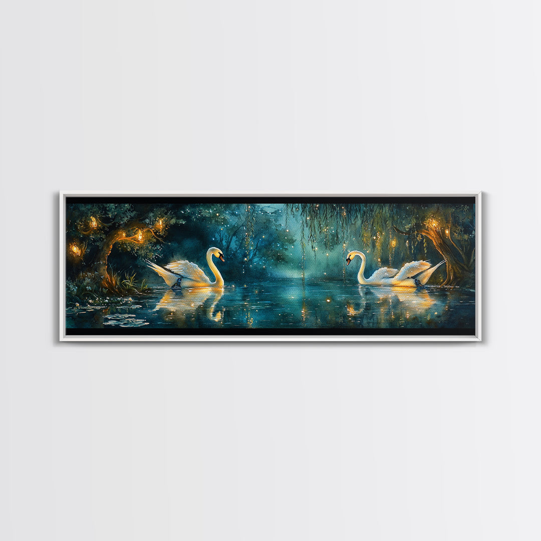 Moonlit Swans On Enchanted Pond Wall Art, Dark Botanical Framed Canvas Print, Romantic Bedroom Decor, Nature Wall Art Gift
