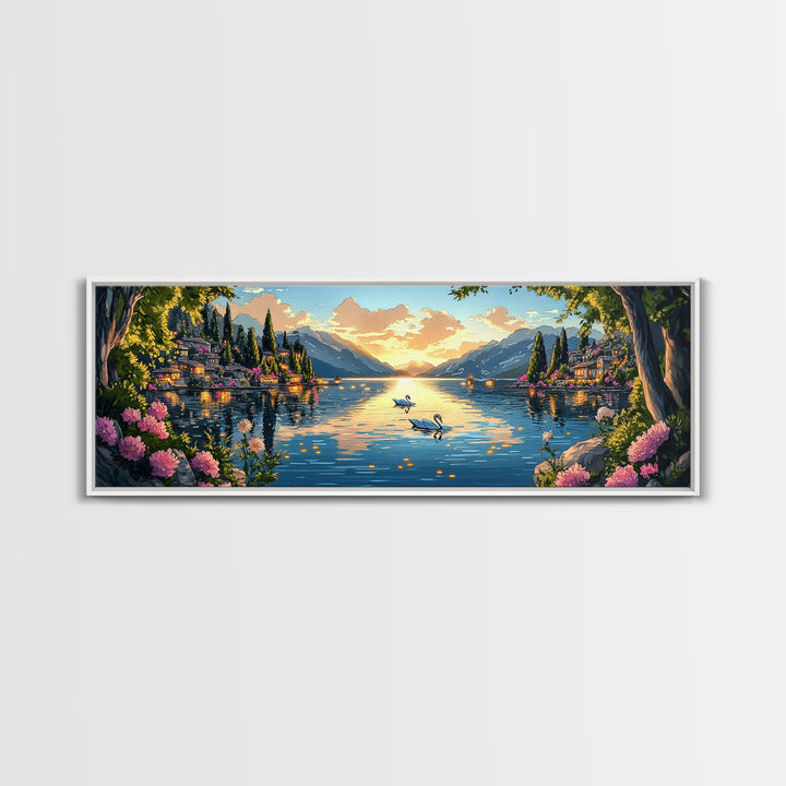 Italian Lake Sunset With Swans Framed Canvas Print, Romantic Coastal Wall Art, Mediterranean Decor, Large Living Room Art