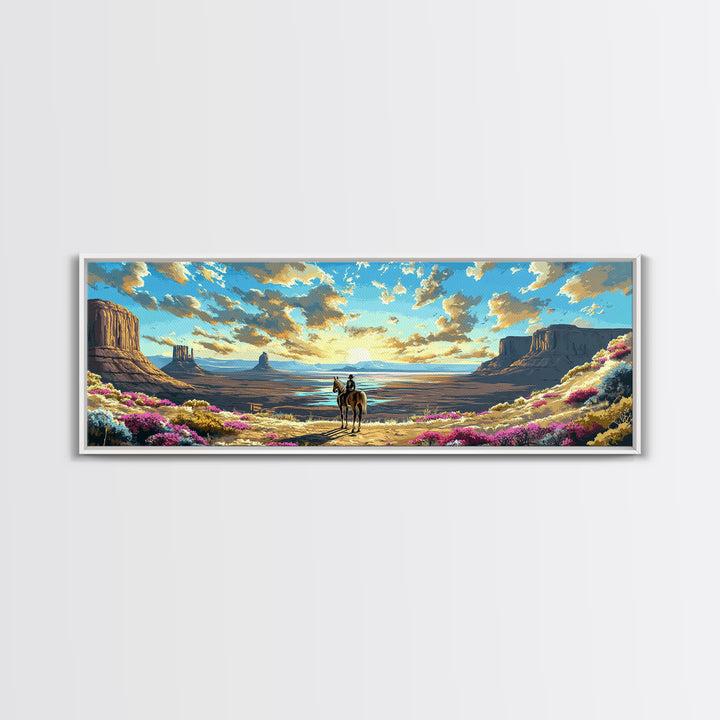 Western Desert Cowboy On Horse Framed Canvas Print, Monument Valley Wall Art, Southwestern Decor, Rustic Landscape Gift For Him
