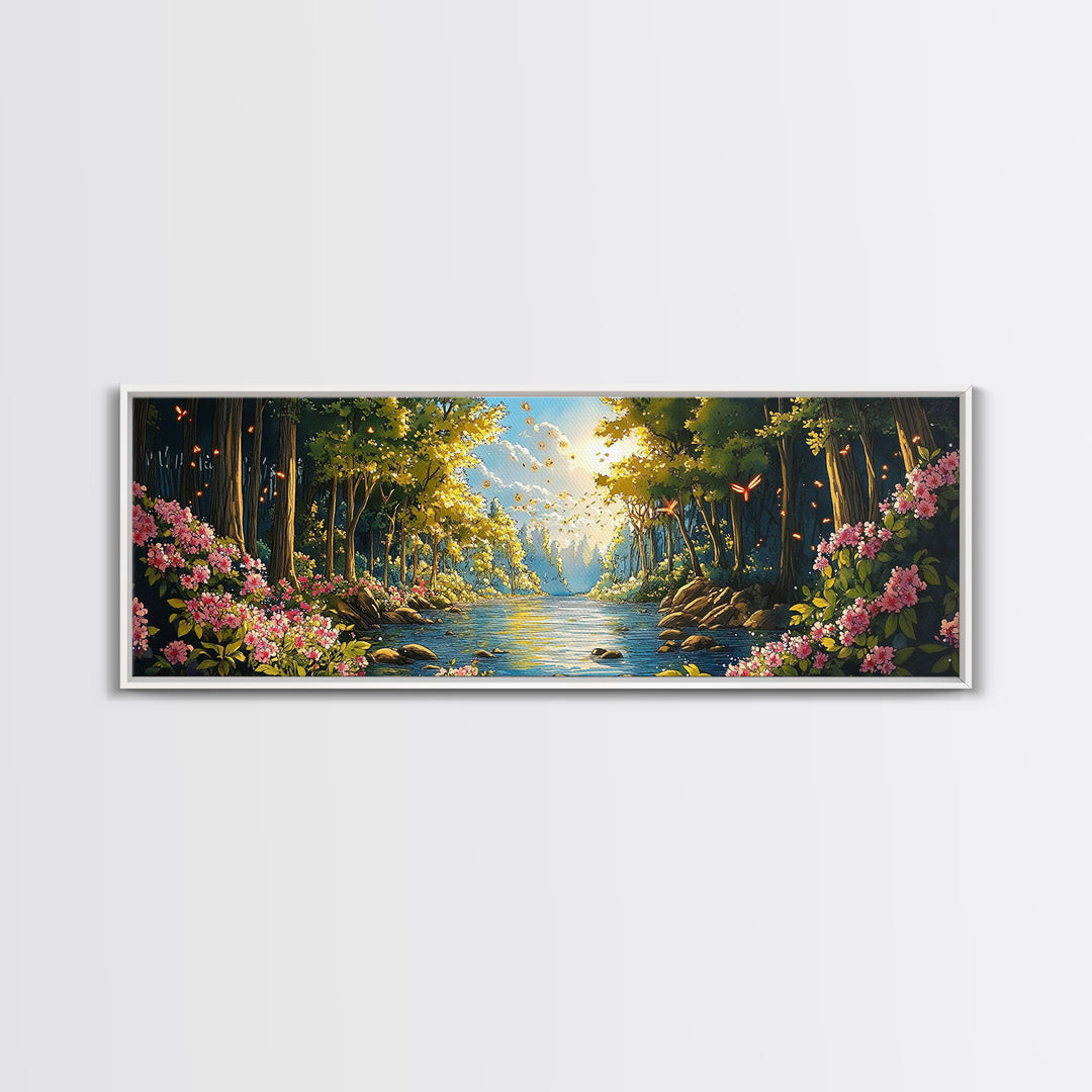 Enchanted Forest River With Flowers Canvas Print, Whimsical Wall Art, Nature Landscape Home Decor, Butterfly Gift For Her