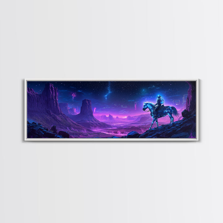 Neon Cyberpunk Cowboy In Desert Framed Canvas Print, Sci Fi Wall Art, Futuristic Western Decor, Gaming Room Gift For Him