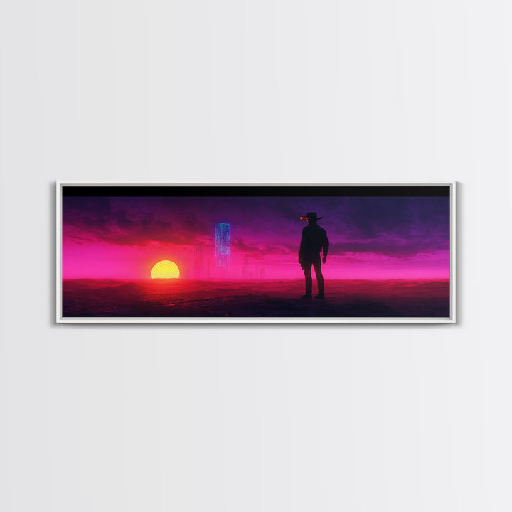 Neon Cowboy At Magenta Sunset Canvas Print, Cyberpunk Western Landscape, Futuristic Wall Decor, Gaming Room Art Gift For Him