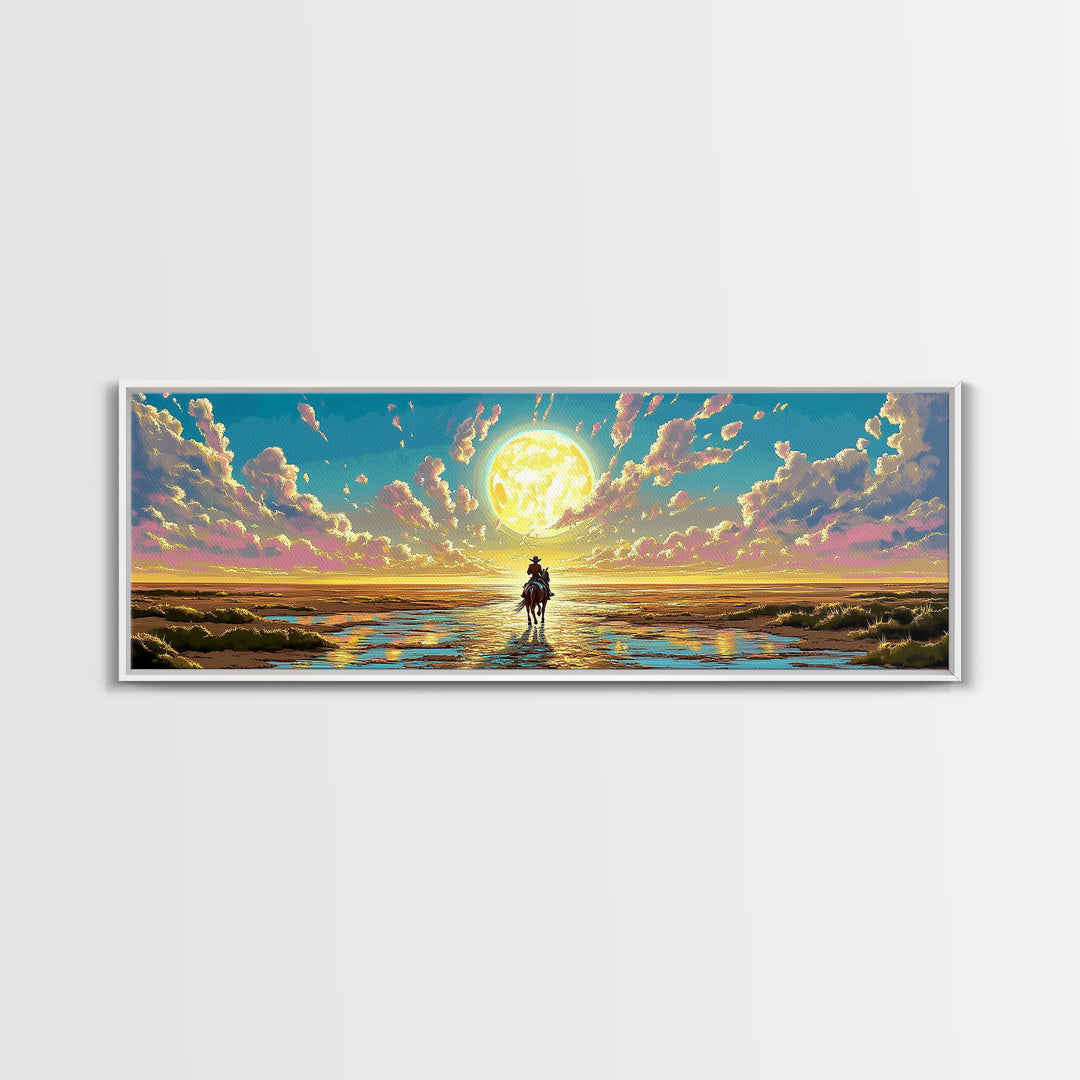 Solitary Rider Beneath Golden Moon Wall Art, Panoramic Western Landscape Print, Celestial Desert Decor, Above Bed Art Gift