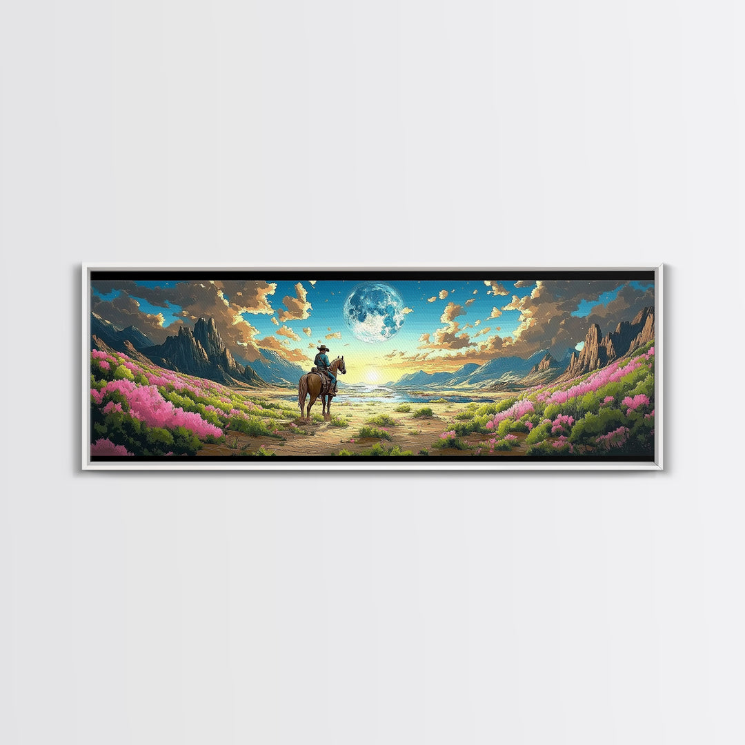 Cowboy On Horse In Moonlit Flower Valley Framed Canvas Print, Western Mountain Landscape, Pink Floral Wall Decor Gift For Her