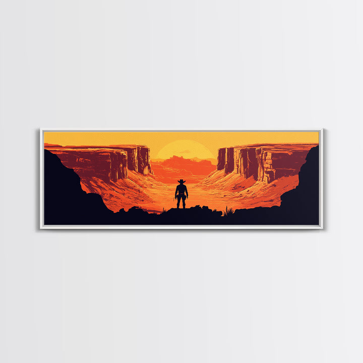 Cowboy Silhouette In Orange Desert Canyon Canvas Print, Retro Western Landscape, Southwestern Wall Decor, Man Cave Art Gift