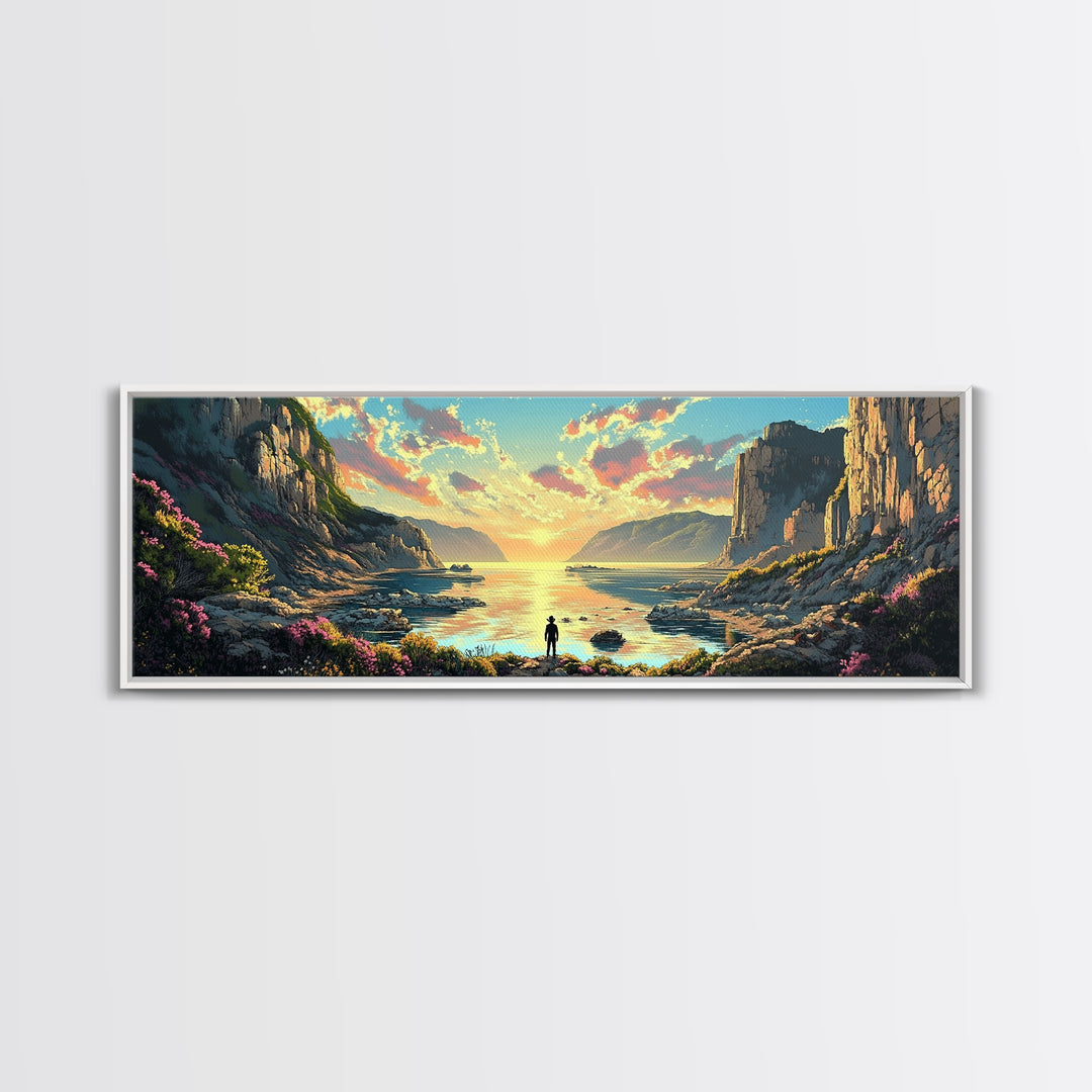 Lone Traveler At Golden Coastal Cliffs Framed Canvas Print, Serene Ocean Landscape, Panoramic Wall Decor For Living Room