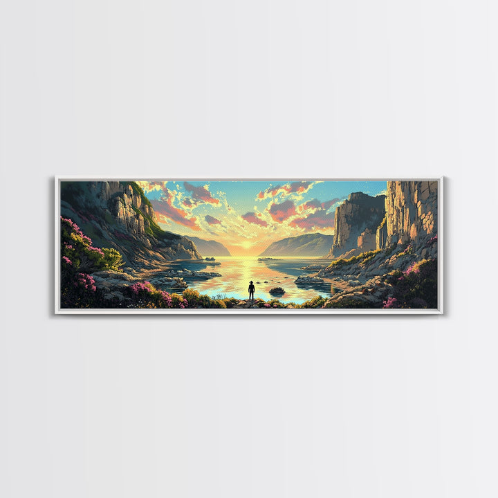 Lone Traveler At Golden Coastal Cliffs Framed Canvas Print, Serene Ocean Landscape, Panoramic Wall Decor For Living Room