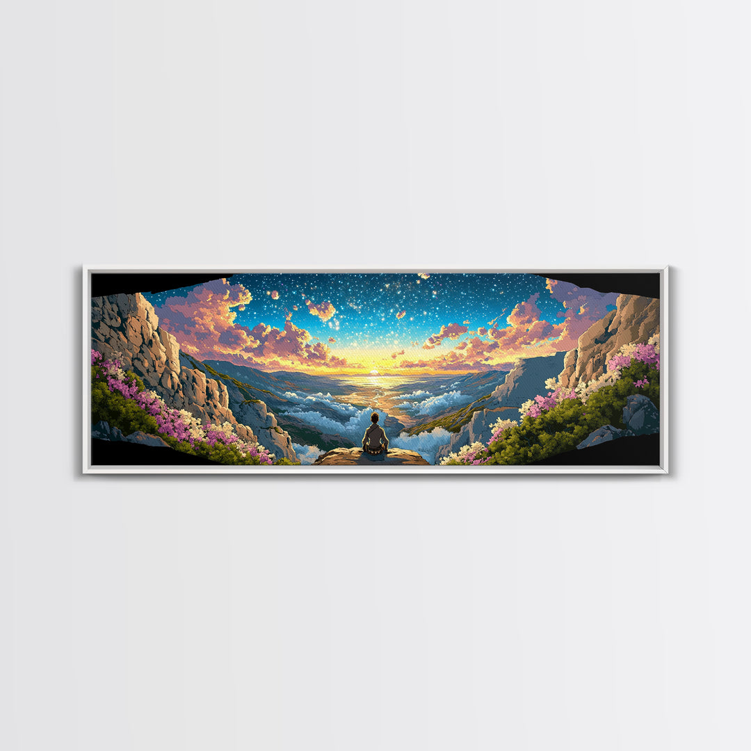 Meditating Figure Over Sunrise Mountain Valley Wall Art, Panoramic Fantasy Landscape Canvas Print For Living Room Decor Gift