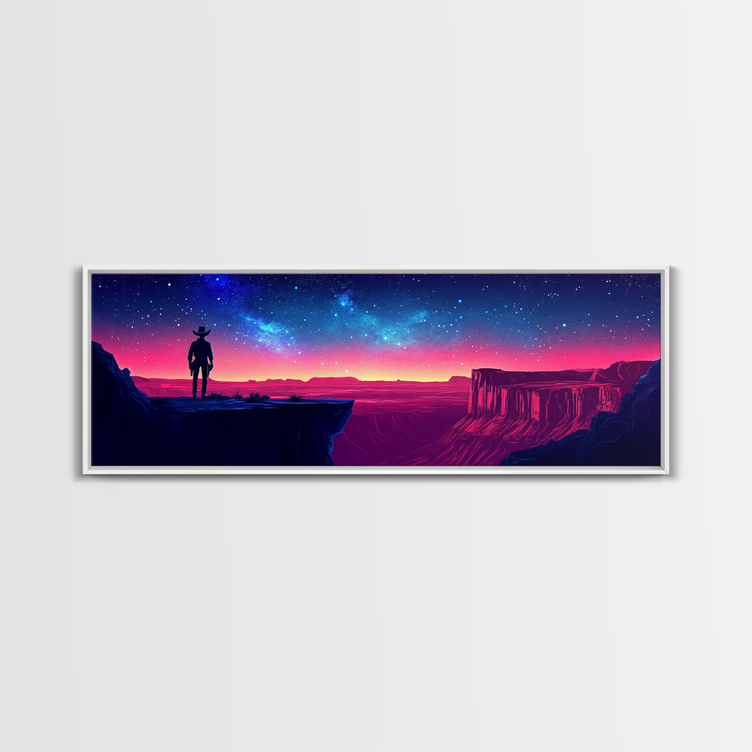 Antlered Traveler On Neon Desert Canyon Wall Art, Starry Night Western Fantasy Canvas Print For Game Room Decor, Housewarming Gift