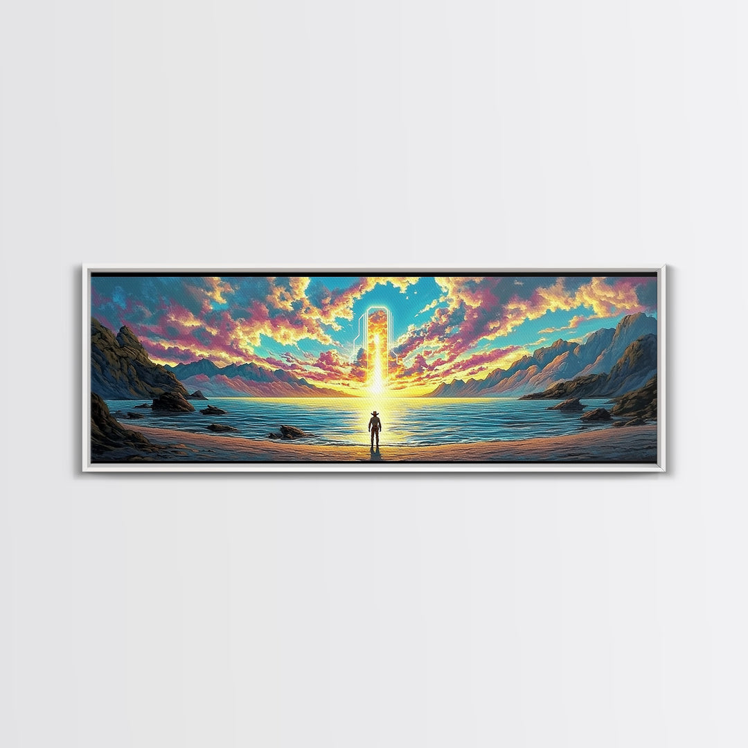 Glowing Portal Over Sunrise Ocean Shore Wall Art, Surreal Mountain Landscape Framed Canvas Print For Modern Living Room Decor