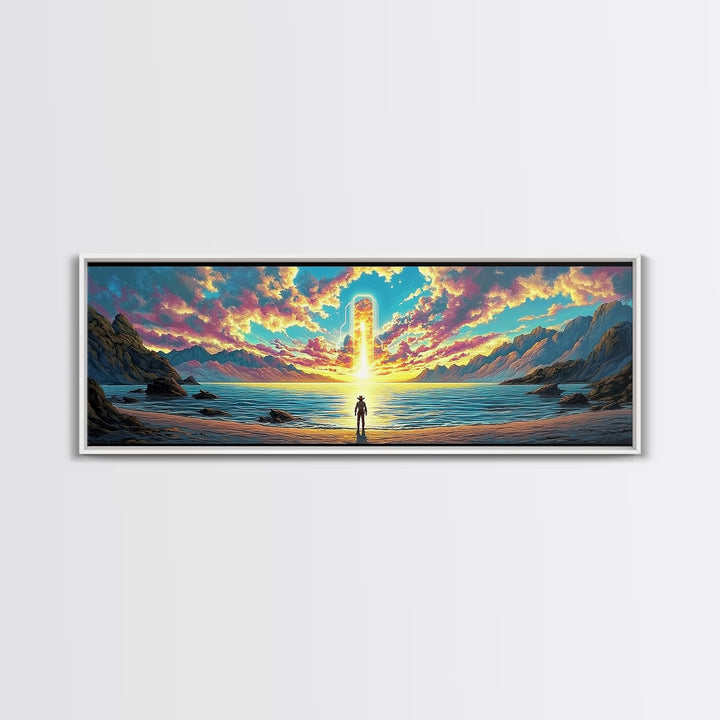 Glowing Portal Over Sunrise Ocean Shore Wall Art, Surreal Mountain Landscape Framed Canvas Print For Modern Living Room Decor