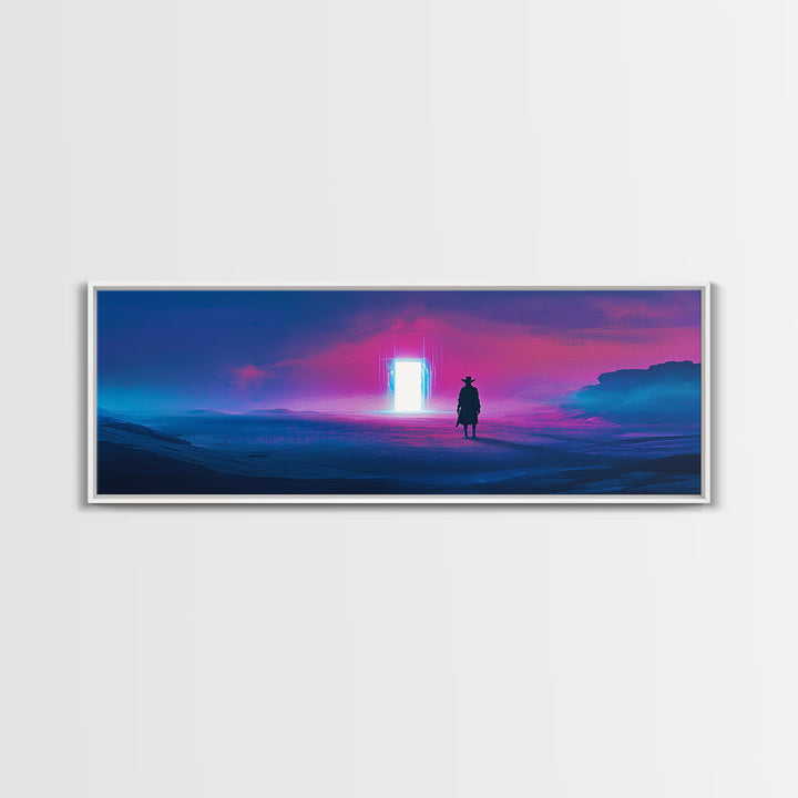Cowboy Silhouette Facing Neon Ocean Portal Wall Art, Cyberpunk Western Landscape Canvas Print For Man Cave Wall Decor Gift