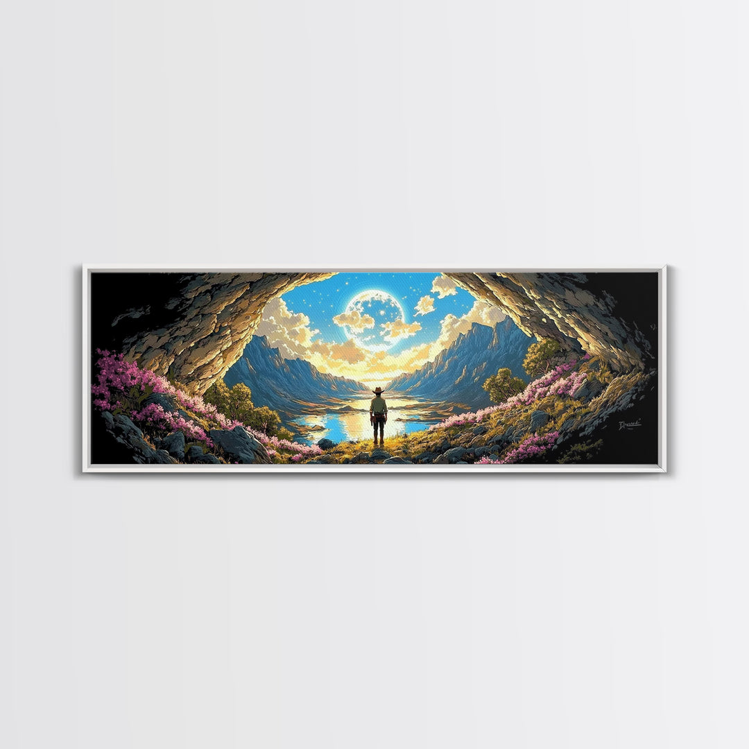Adventurer In Moonlit Cave Opening Wall Art, Panoramic Alpine Lake Landscape Canvas Print For Fantasy Bedroom Decor Gift