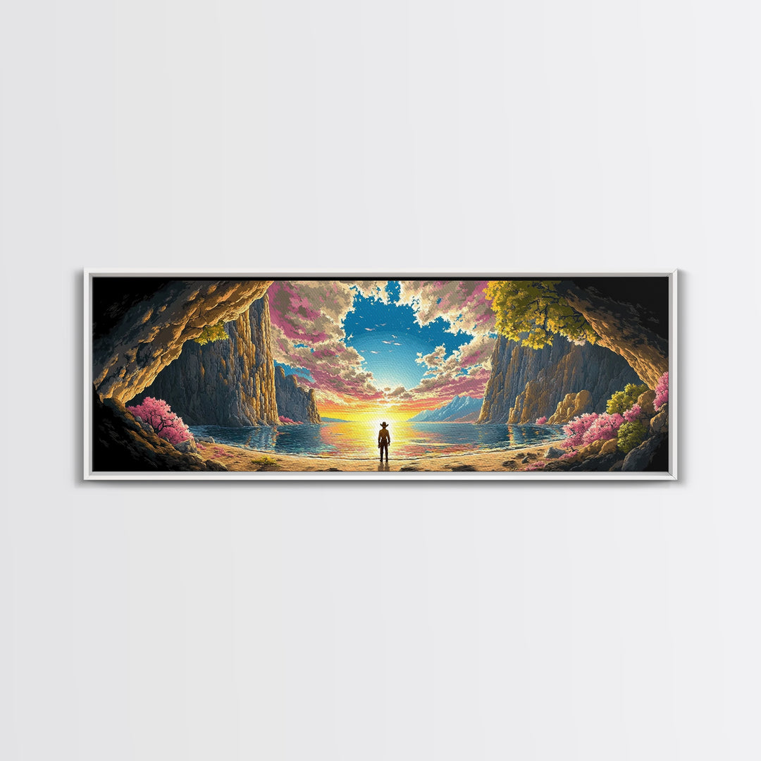 Lone Figure In Sunlit Coastal Cave Wall Art, Dramatic Panoramic Seascape Landscape Canvas Print For Beach House Living Room Decor Gift