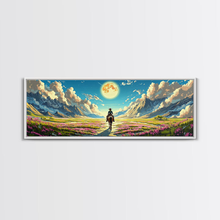 Cowboy Riding Through Moonlit Flower Valley Wall Art, Western Mountain Landscape Framed Canvas Print For Rustic Home Decor Gift
