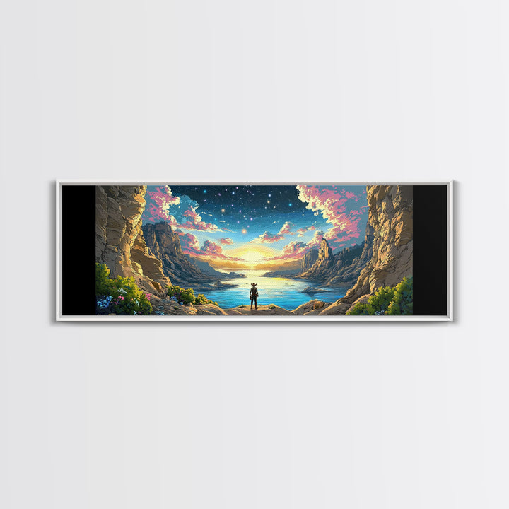 Starry Canyon Lake Cowboy Wall Art, Western Landscape Canvas Print, Sci Fi Desert Decor, Panoramic Living Room Art, Home Decor