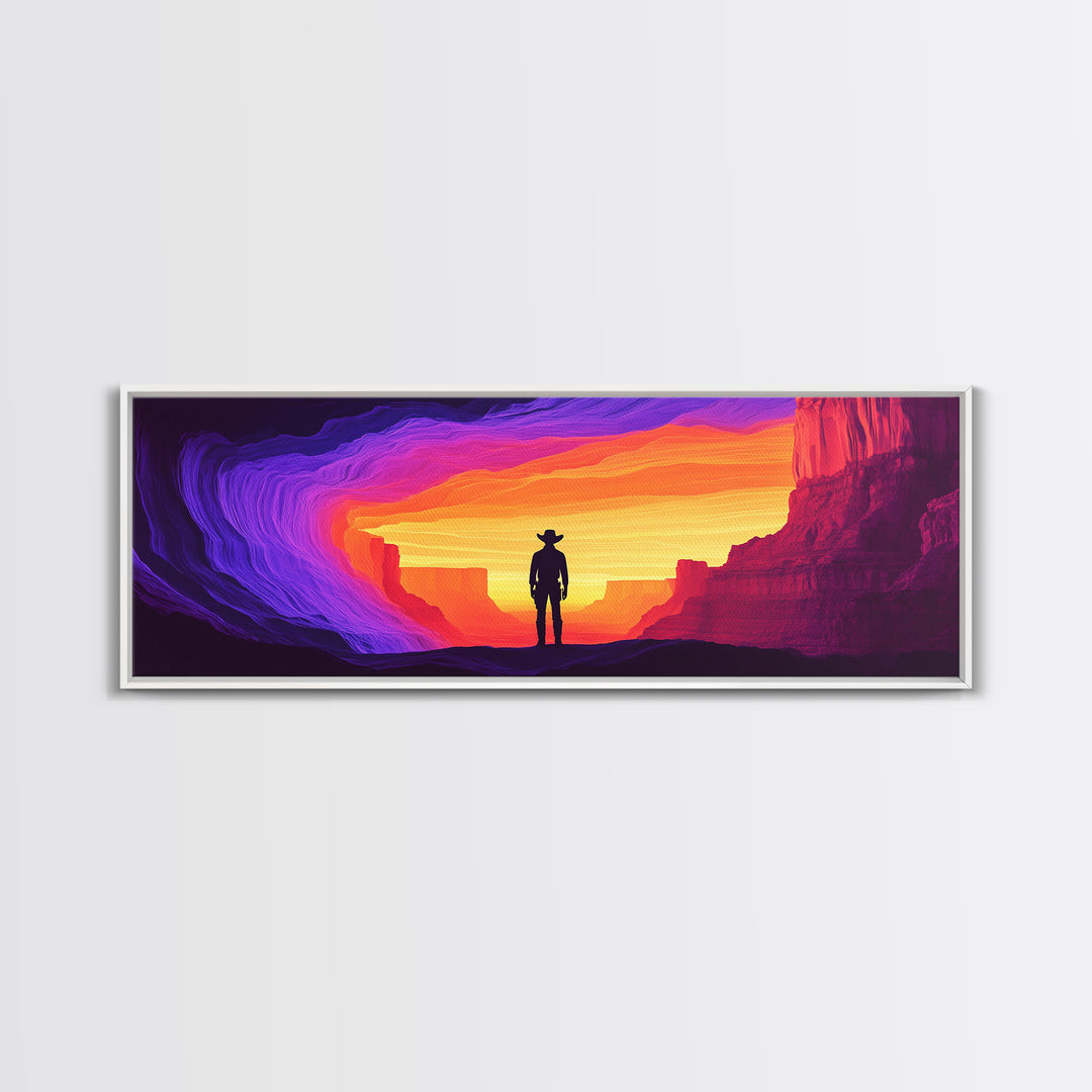 Neon Sunset Cowboy Canyon Wall Art, Western Desert Canvas Print, Vibrant Southwestern Decor, Panoramic Man Cave Art, Home Decor
