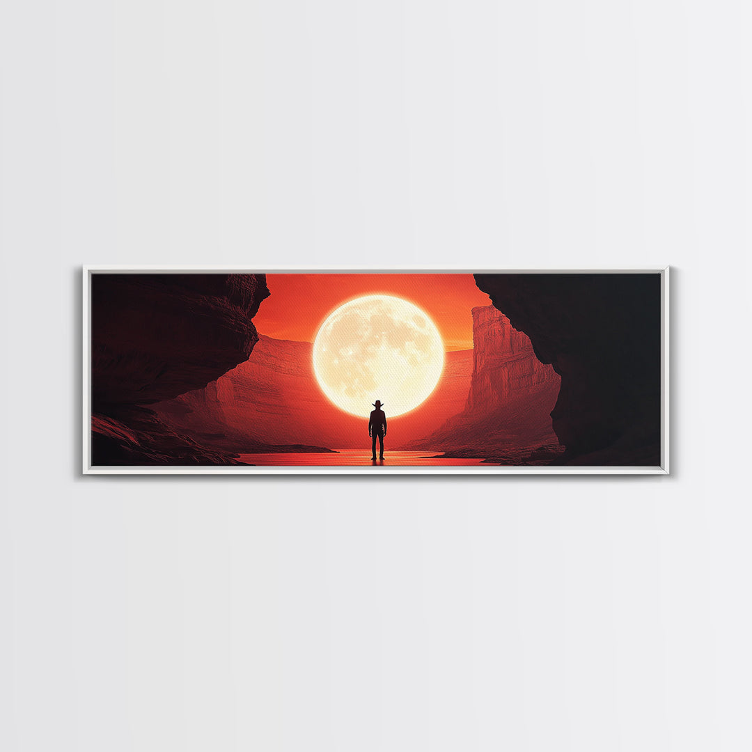 Full Moon Cowboy Cave Wall Art, Red Desert Framed Canvas Print, Western Sci Fi Decor, Panoramic Bedroom Wall Decor, Home Decor