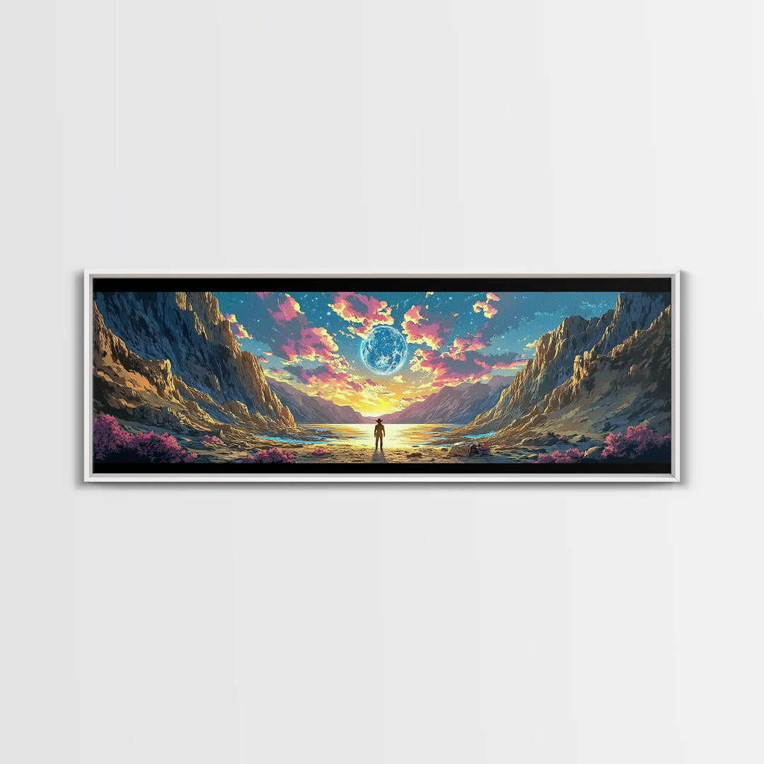Alien Moon Mountain Valley Wall Art, Fantasy Landscape Canvas Print, Celestial Sci Fi Decor, Panoramic Living Room Art, Home Decor