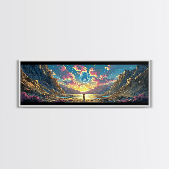 Alien Moon Mountain Valley Wall Art, Fantasy Landscape Canvas Print, Celestial Sci Fi Decor, Panoramic Living Room Art, Home Decor