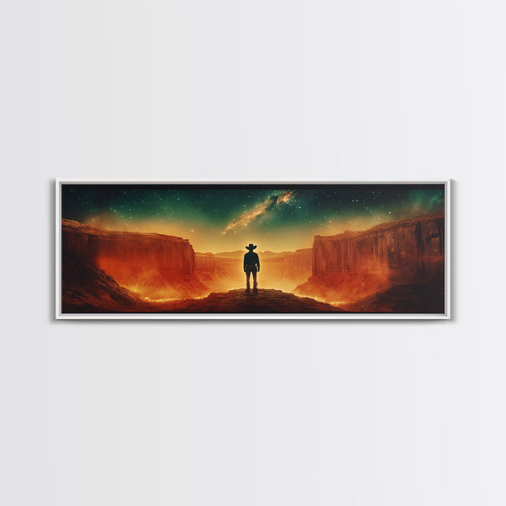 Milky Way Canyon Cowboy Wall Art, Western Desert Canvas Print, Sci Fi Night Sky Decor, Panoramic Office Decor Living Room Art